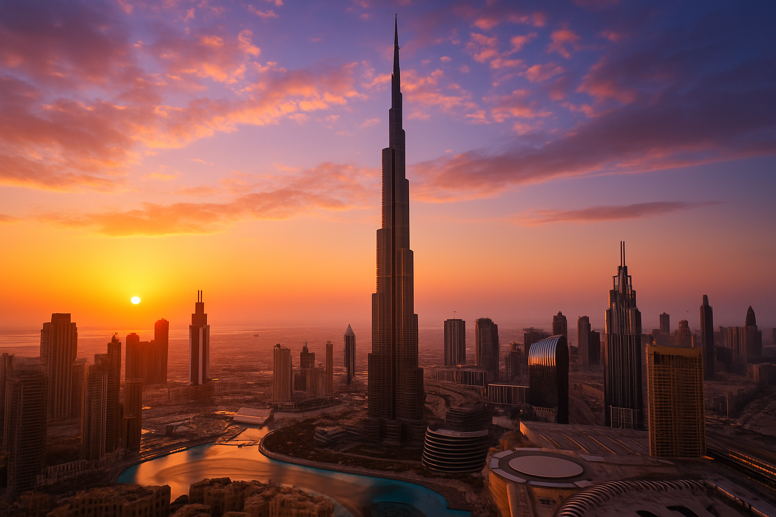 A breathtaking view of the Burj Khalifa towering over the Dubai skyline at sunset.