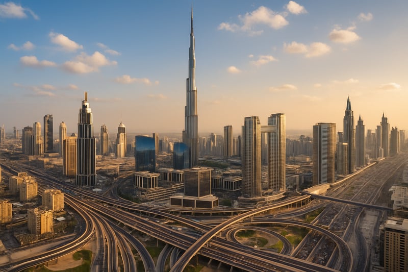 A panoramic view of Dubai's skyline, featuring the Burj Khalifa and bustling city life.