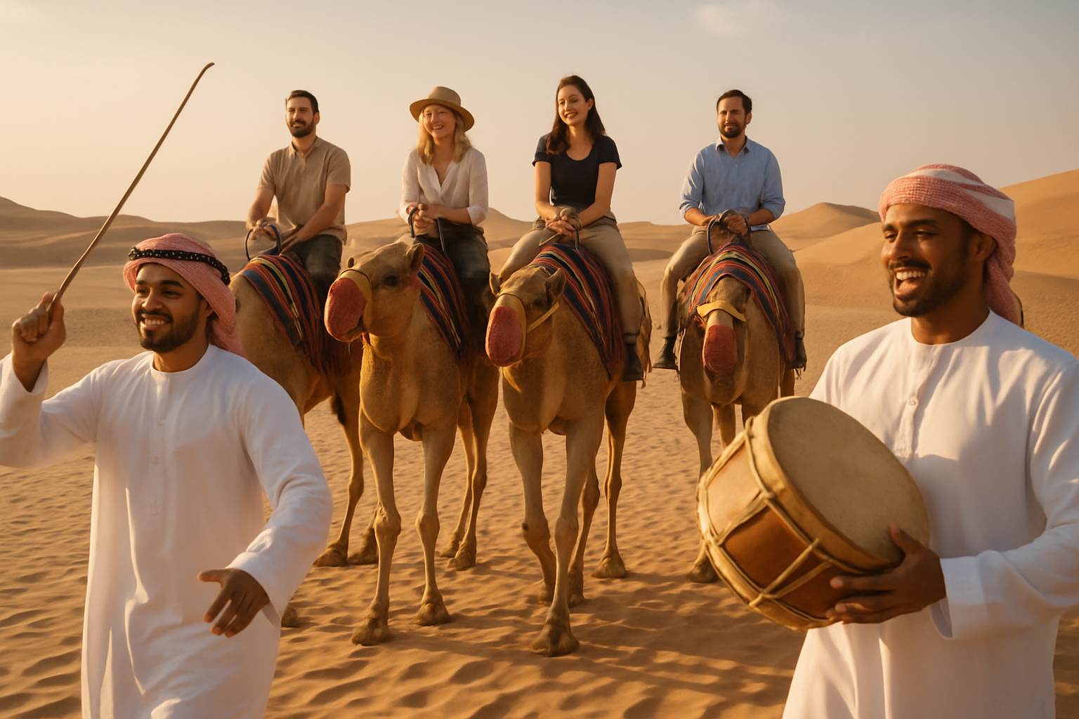Travelers enjoying a desert safari with camel rides and traditional Emirati entertainment.